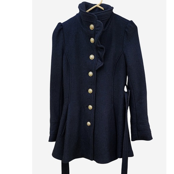 Bebe2yk Black Wool Blend Ruffled Collar Belted Peplum Coat Womens XS - Picture 3 of 13